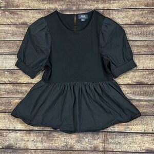 Maeve by Anthropologie Sz S Women's Black Puff Sleeve Peplum Top